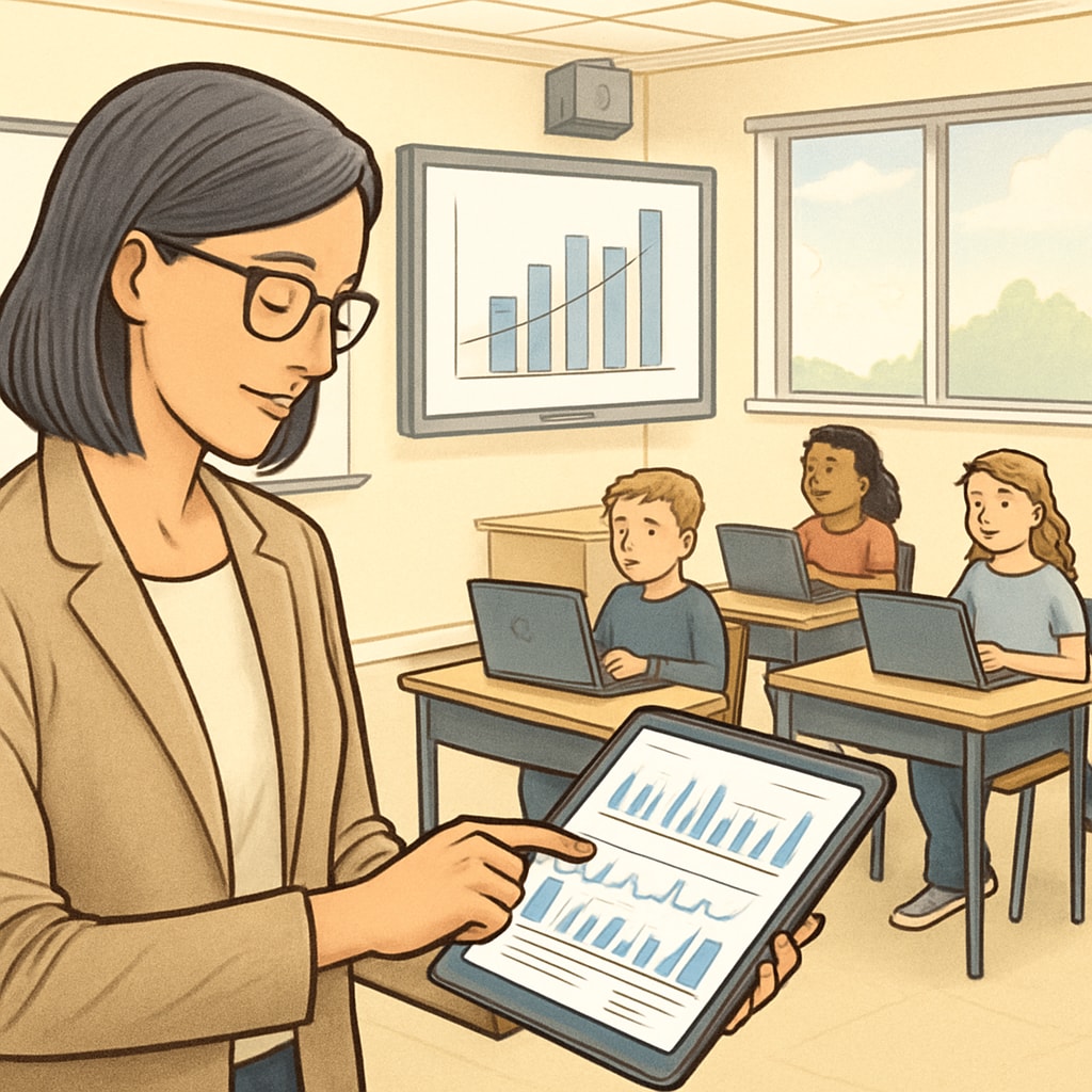 A teacher using a tablet to assess students' real-time progress in a tech-enabled classroom. Teacher evaluating real-time learning progress with a tablet.