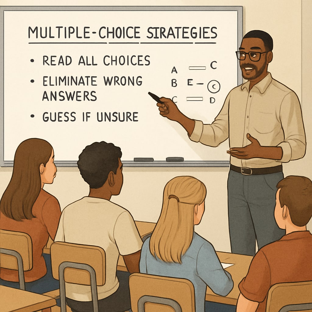 A teacher explaining multiple-choice strategies on a whiteboard to a high school class, symbolizing guidance and learning. Teacher demonstrating multiple-choice strategies to high school students