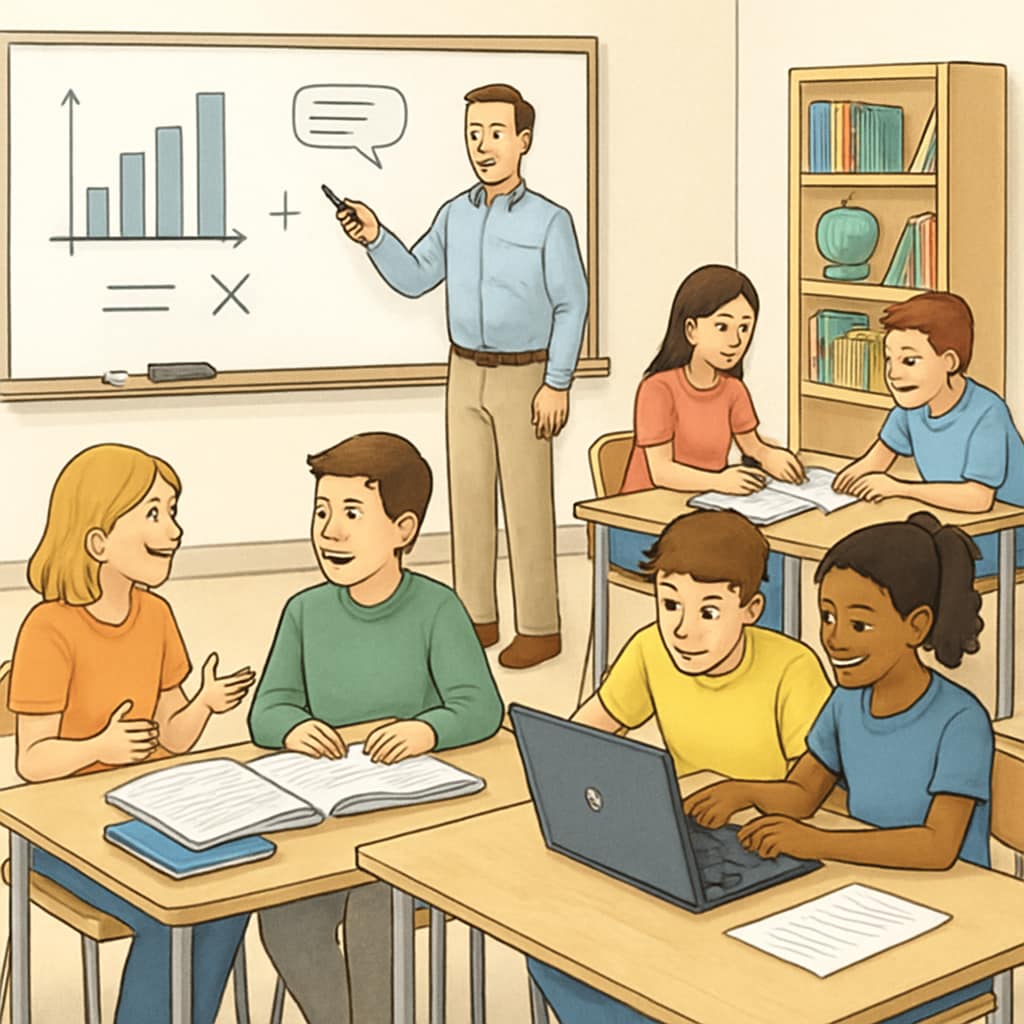 A classroom setting where students engage in collaborative learning activities and receive real-time feedback. Students in a classroom collaborating on a group project with real-time teacher feedback.