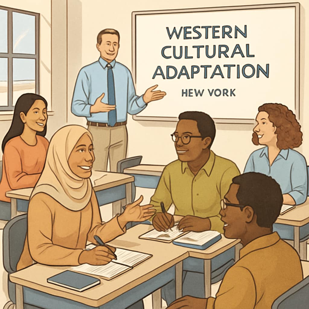 A diverse group of adult learners participating in a seminar on Western cultural adaptation in New York. Adult learners engaging in a cultural adaptation seminar in New York City.