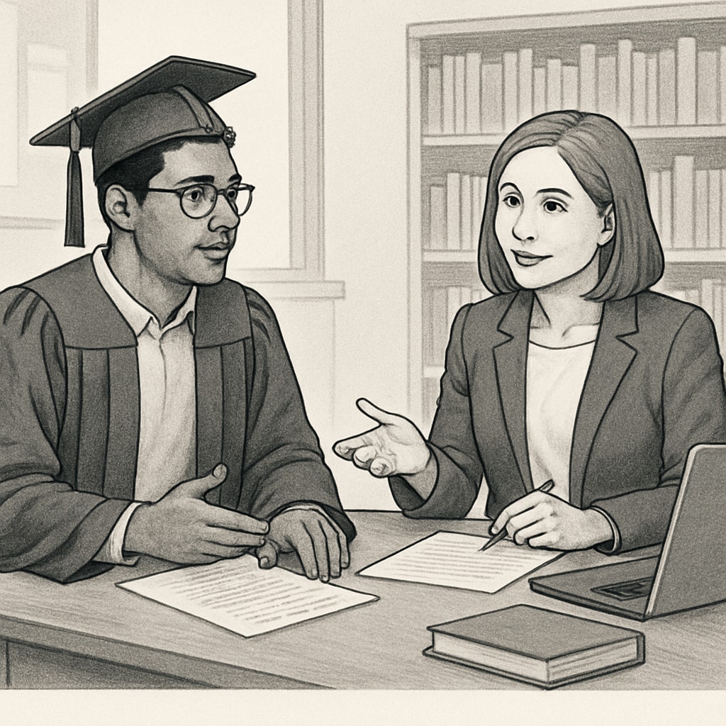 A graduate student sitting in a school office, discussing research with a counselor. The image should depict an academic setting, with papers or a laptop visible. Graduate student interviewing a school counselor for research purposes.