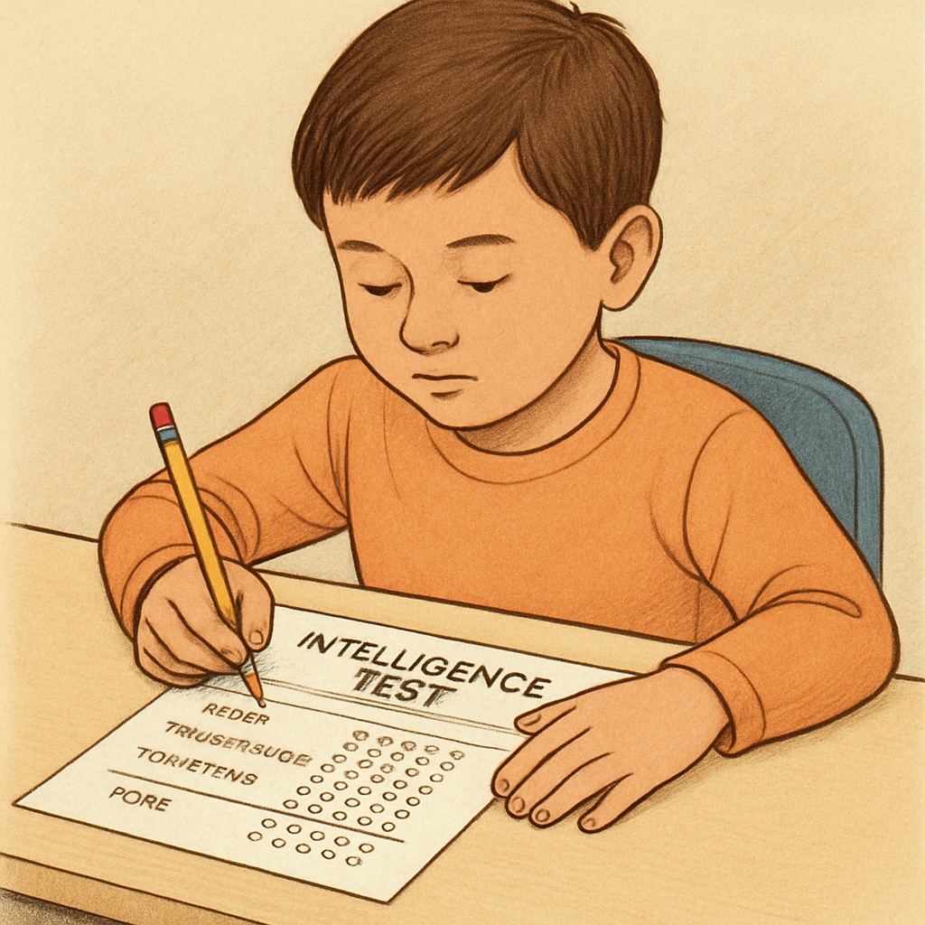 A child taking an intelligence test, sitting at a desk with a structured evaluation form, representing CogAT or WISC assessments. A child participating in an intelligence test such as CogAT or WISC.