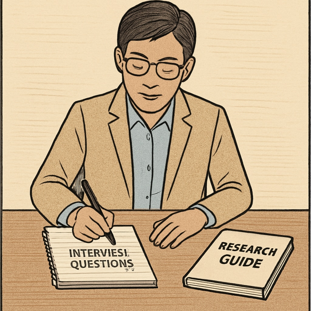 An educational researcher preparing interview questions at a desk. The image should include a notebook, pen, and possibly a research guide. Researcher preparing interview questions for school counselor interviews.