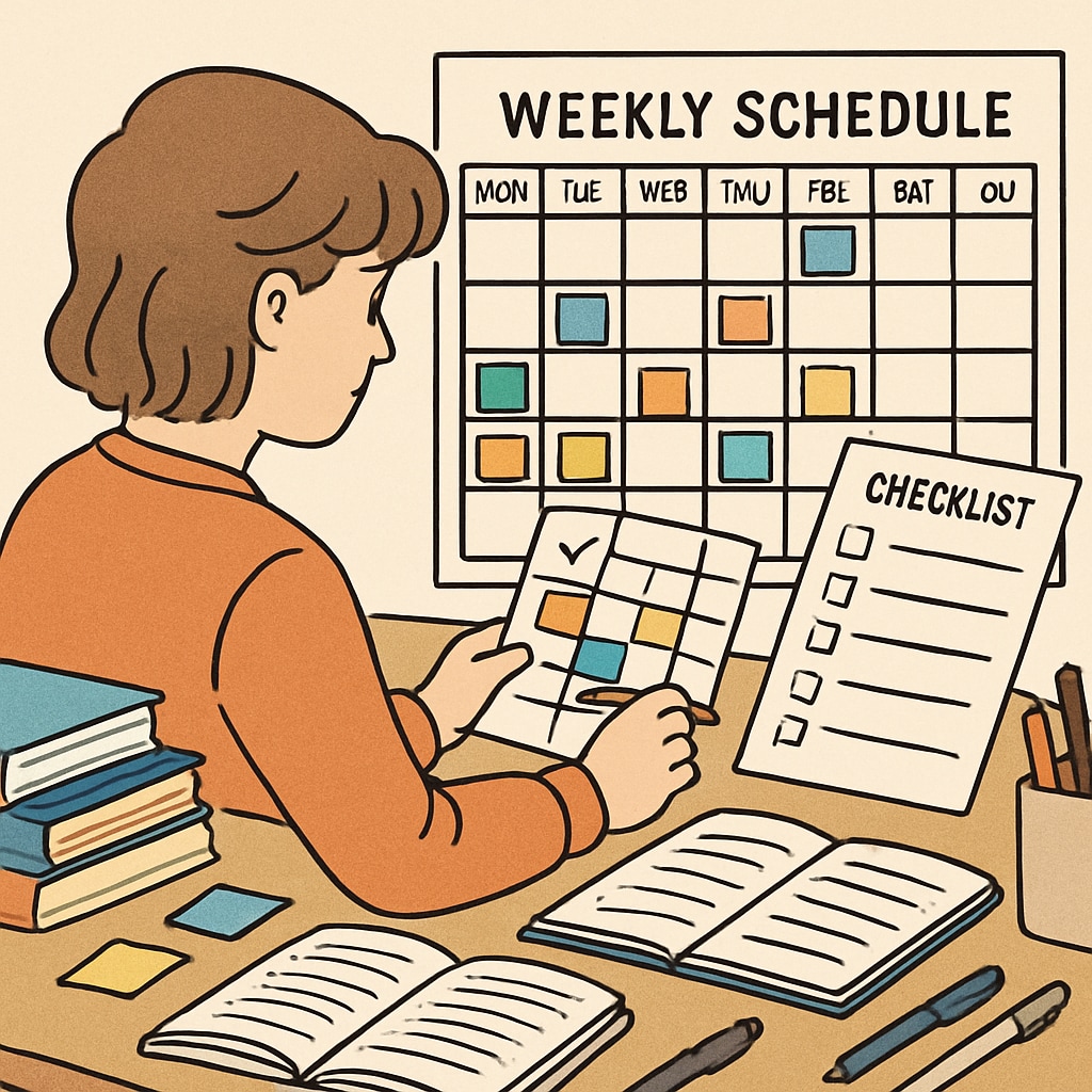 A student planning their weekly schedule with a calendar and checklist. A high school student organizing their weekly study plan to catch up on credits.