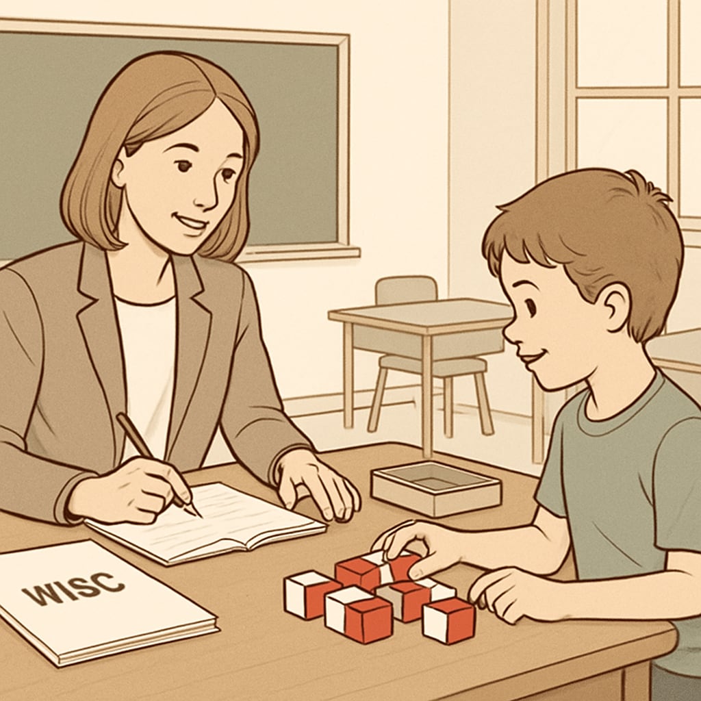 A psychologist administering a WISC assessment to a child, including hands-on tasks and verbal questions. A psychologist working with a child to complete a WISC assessment.