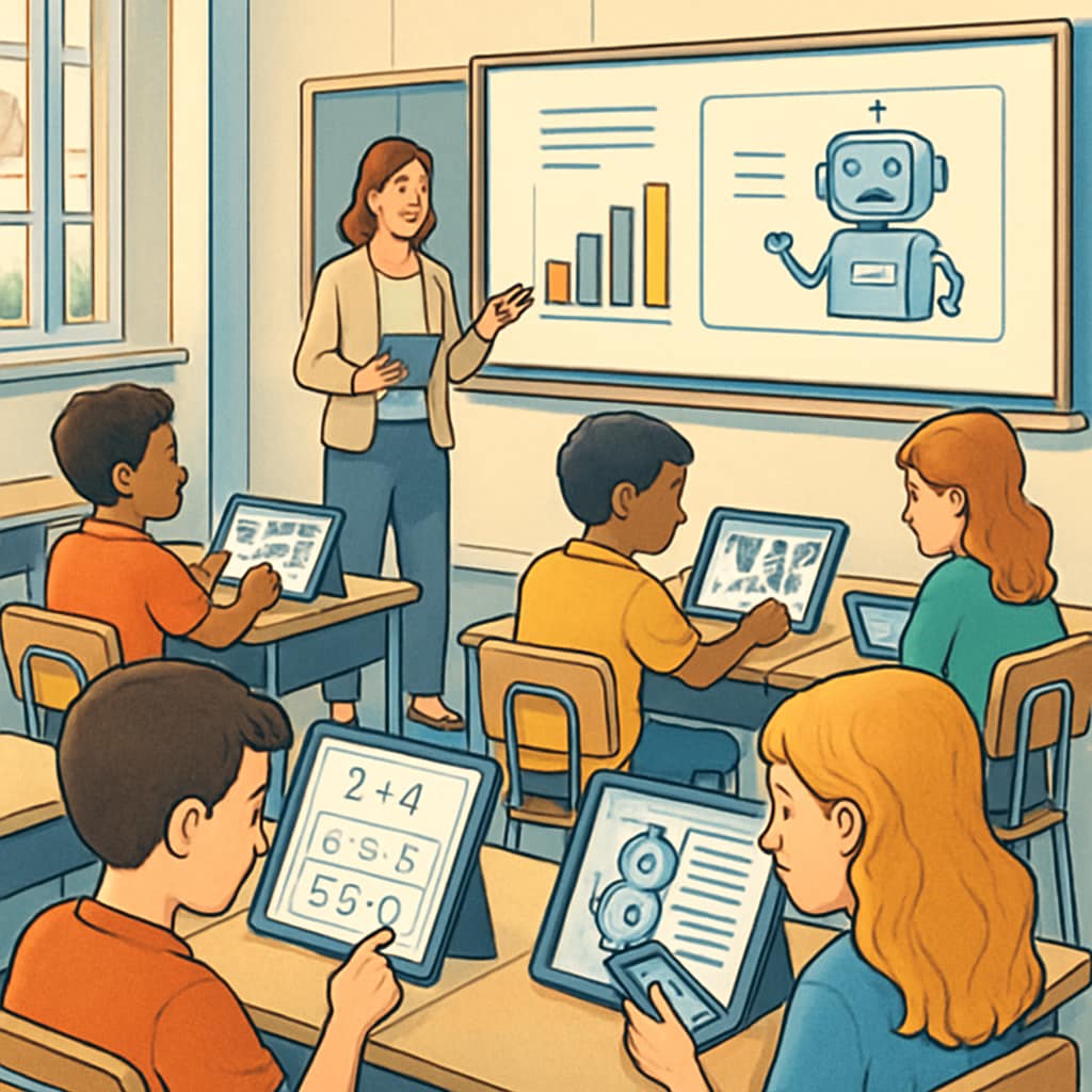 A depiction of a modern K12 classroom utilizing AI tools, such as interactive tablets and adaptive learning platforms. AI in K12 education tools like adaptive learning systems and interactive technology.