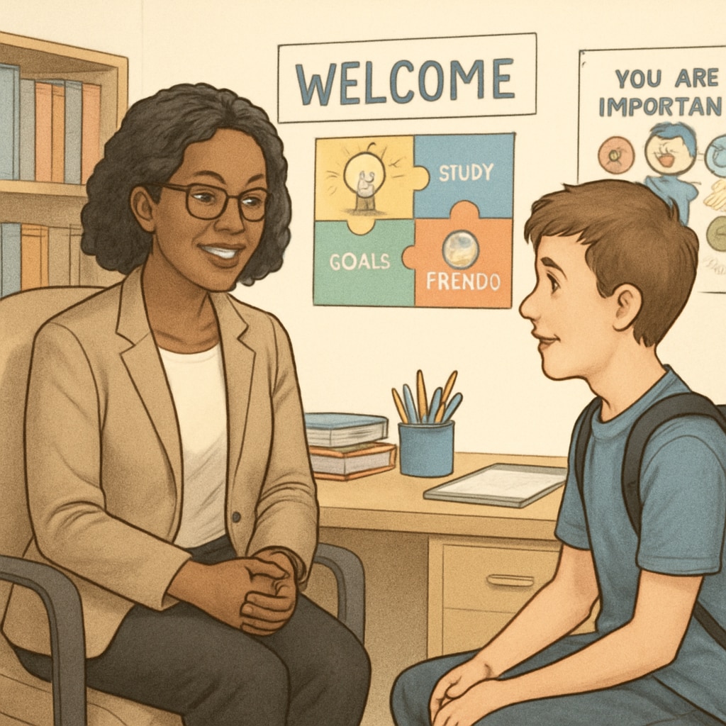 A school counselor sitting in her office, surrounded by educational materials, engaging in a conversation with a student. School counselor in her office discussing with a student.