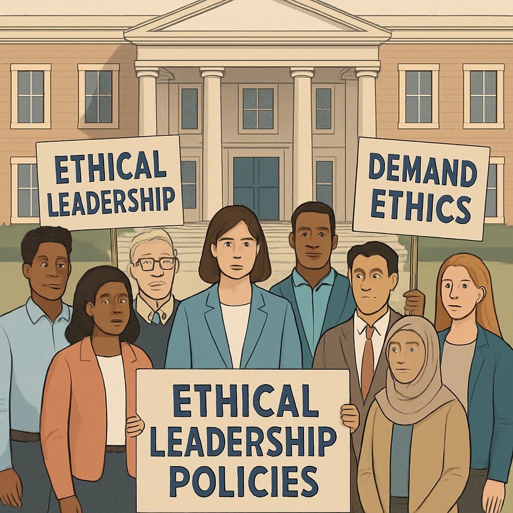A diverse group of community members advocating for ethical leadership policies in front of a local government building. Community members advocating for ethical school leadership policies.