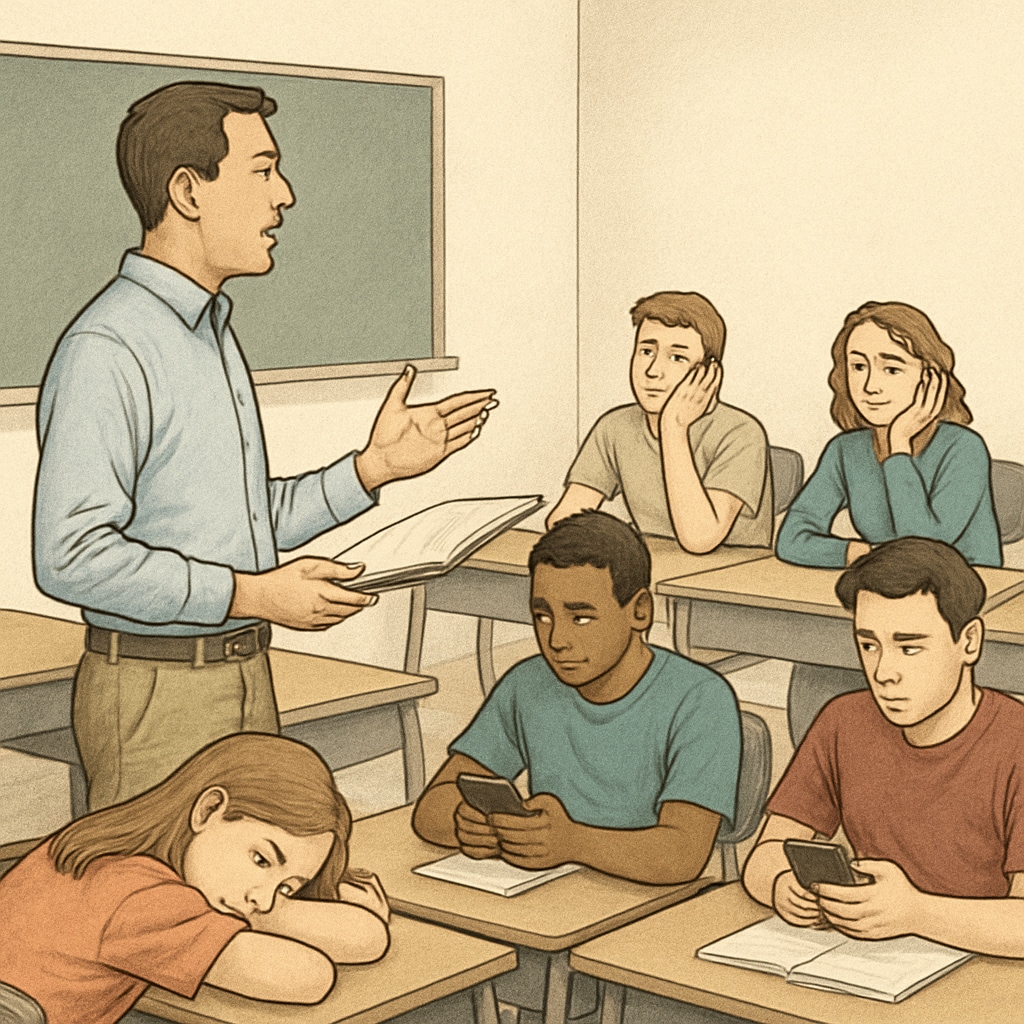 A teacher lecturing to a classroom where students appear disengaged, with some looking at their phones and others resting their heads on desks. A classroom scene showing students disengaged during a lecture, representing boredom.