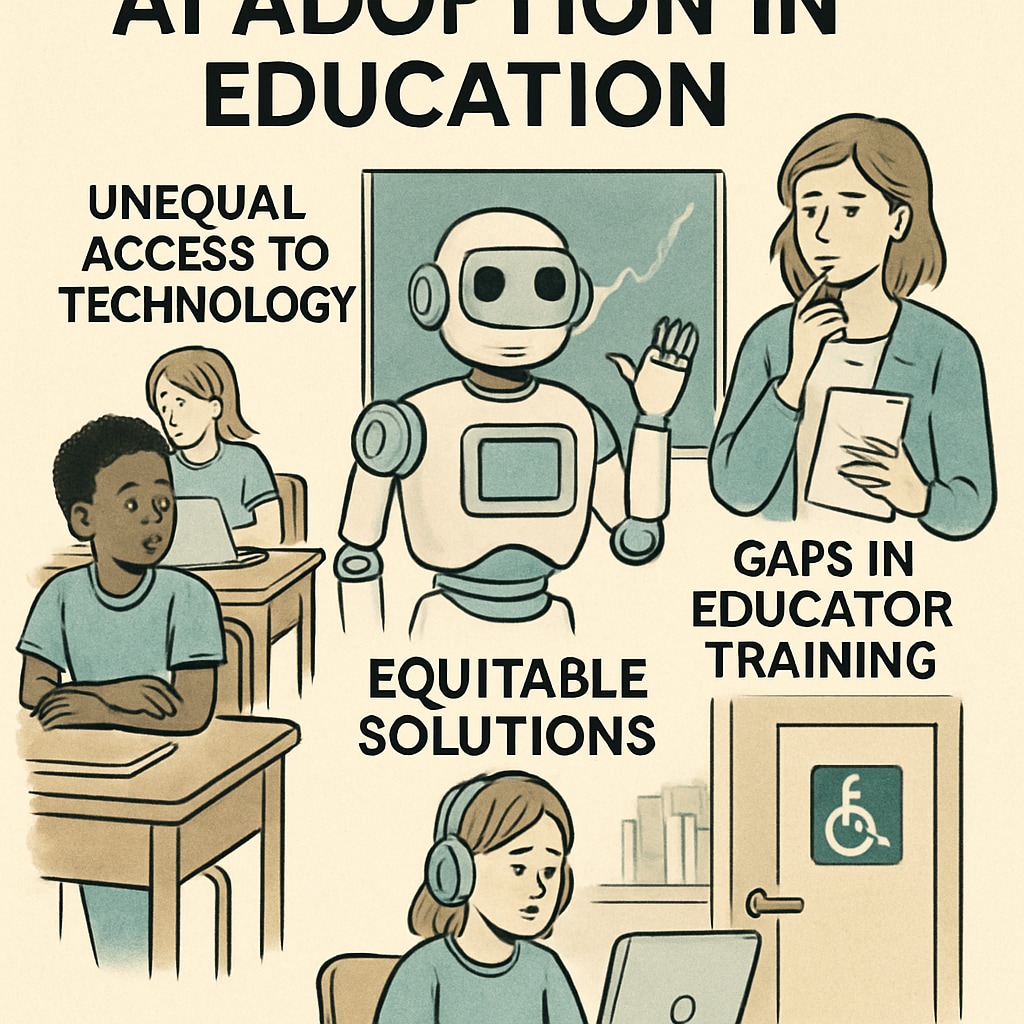 A conceptual image showing the challenges of AI adoption in education, such as unequal access and educator training gaps. Challenges in AI integration within education, including infrastructure and training.