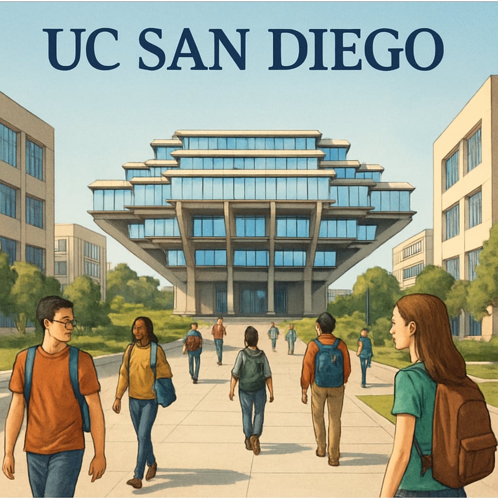 Image of UC San Diego campus with students walking across an expanded facility. UC San Diego campus showing expansion facilities and student movement.