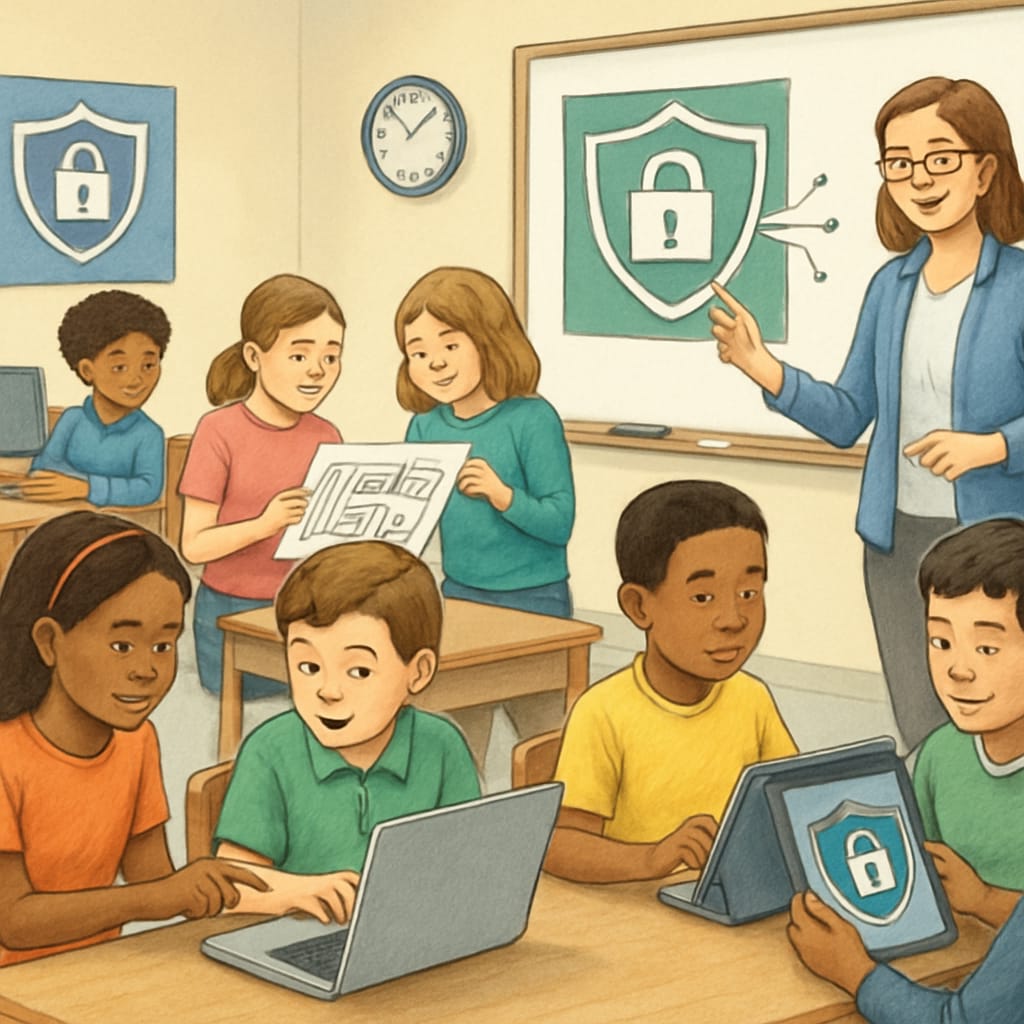 A classroom setting showing young students engaged in interactive cybersecurity learning activities. Young students learning cybersecurity concepts in a classroom.