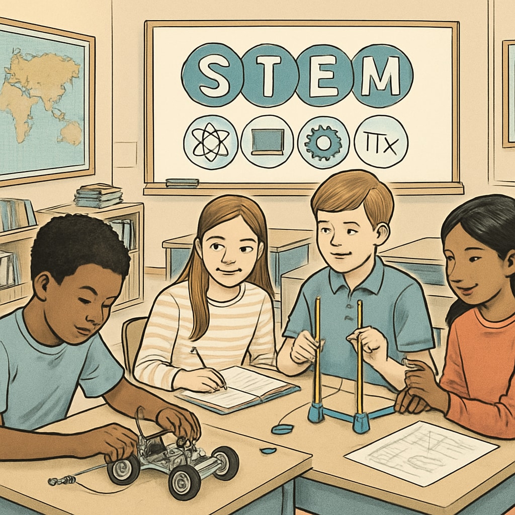 A classroom of K-12 students engaged in a STEM activity, representing the increased focus on college readiness brought about by UC San Diego's enrollment expansion. K-12 students participating in a STEM activity, connected to UC San Diego enrollment expansion.
