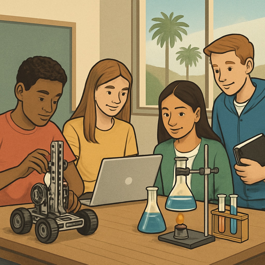 Image of high school students in California participating in STEM-focused extracurricular activities. California high school students engaged in STEM programs linked to UC San Diego expansion.