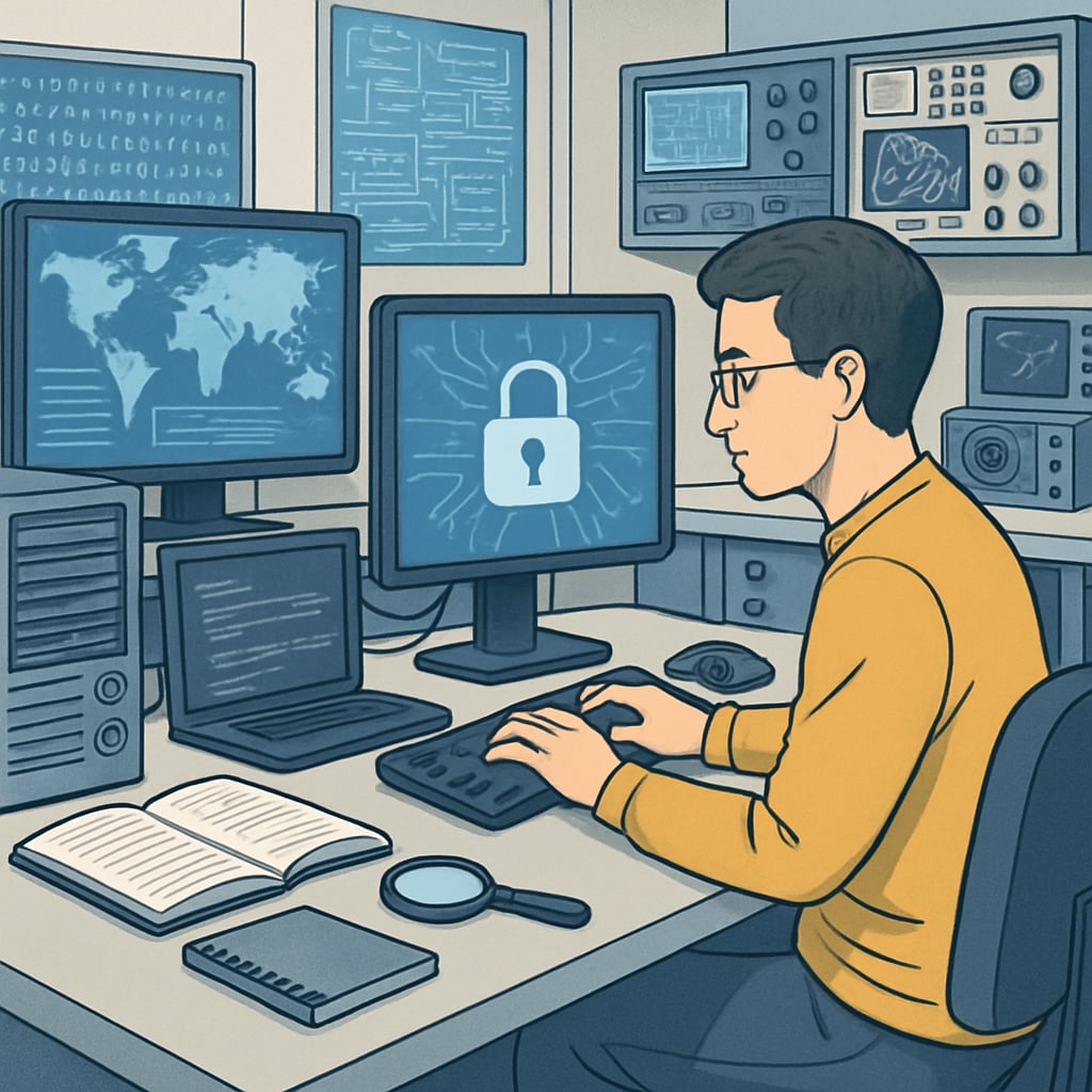 A university student working in a cybersecurity lab equipped with advanced computers and digital tools. University student practicing cybersecurity skills in a high-tech lab.