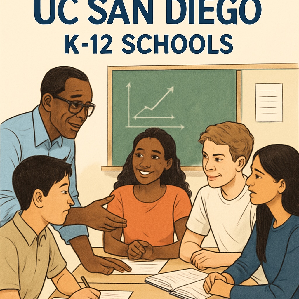 A teacher mentoring a group of diverse high school students, symbolizing collaborative efforts between UC San Diego and K-12 schools. A teacher mentoring high school students, reflecting partnerships with UC San Diego.