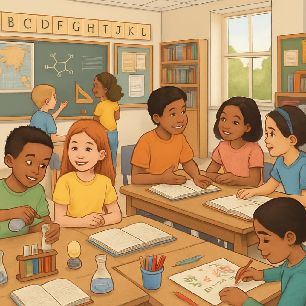A classroom setting with diverse students engaging in hands-on learning activities to illustrate holistic education approaches. Learning assessment systems in a classroom with diverse student participation