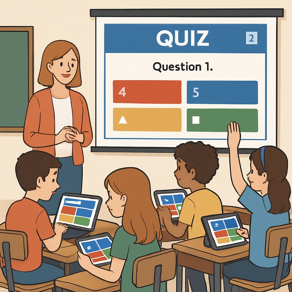 An illustration of students using an online quiz platform like Kahoot or Quizizz for interactive assessments. Students engaging with interactive K12 assessment platforms such as Kahoot or Quizizz.