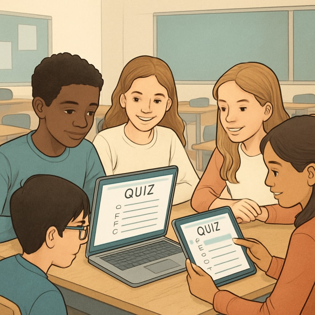 Students engaging with digital test resources in K12 classrooms.