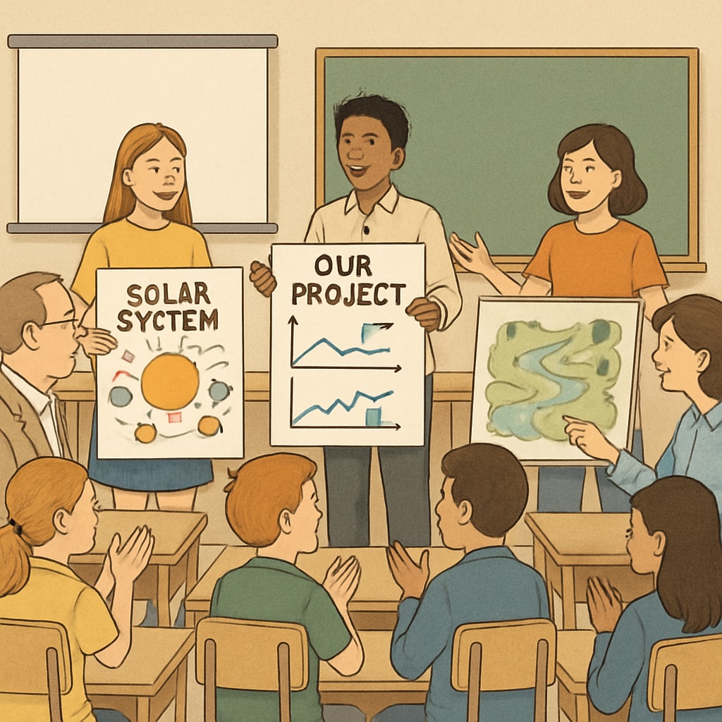 Students presenting group projects to peers and educators in a collaborative environment, showcasing dynamic learning methods. Students engaged in collaborative project-based learning as part of assessment systems