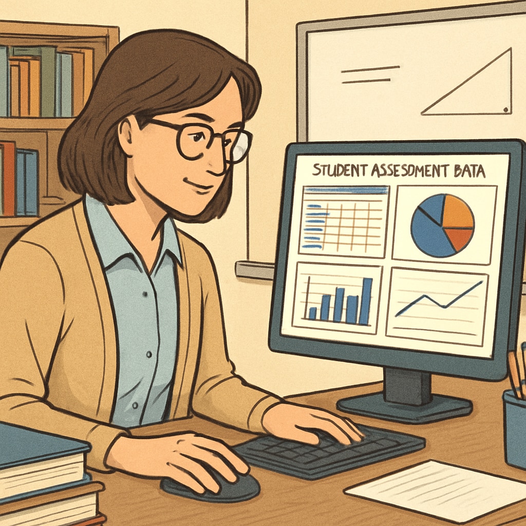 A teacher reviewing student assessment analytics using a professional platform like Formative or Schoology. Educator analyzing student progress using professional teaching tools.