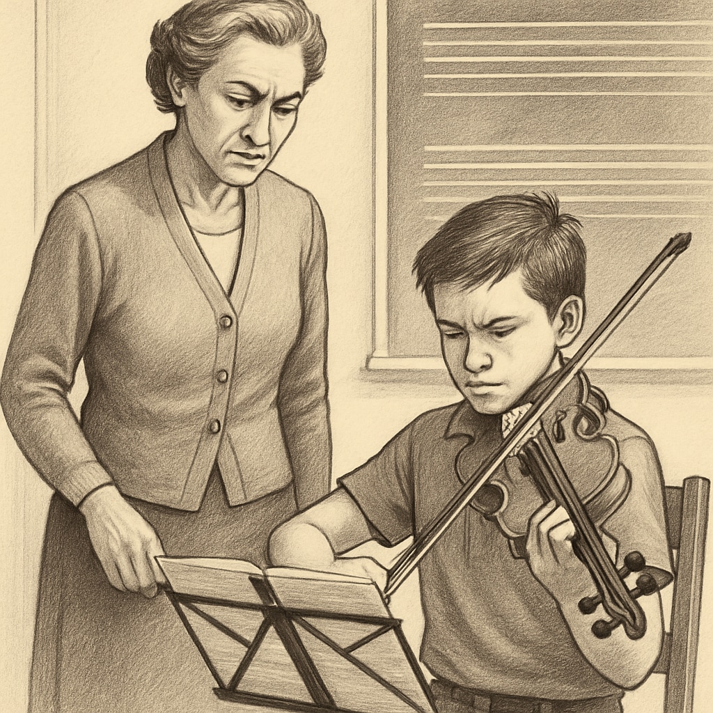 A teacher intensely observing a student during a challenging music lesson, symbolizing the tension between high expectations and personal growth. Teacher observing a student during a demanding lesson, representing strict teaching methods.