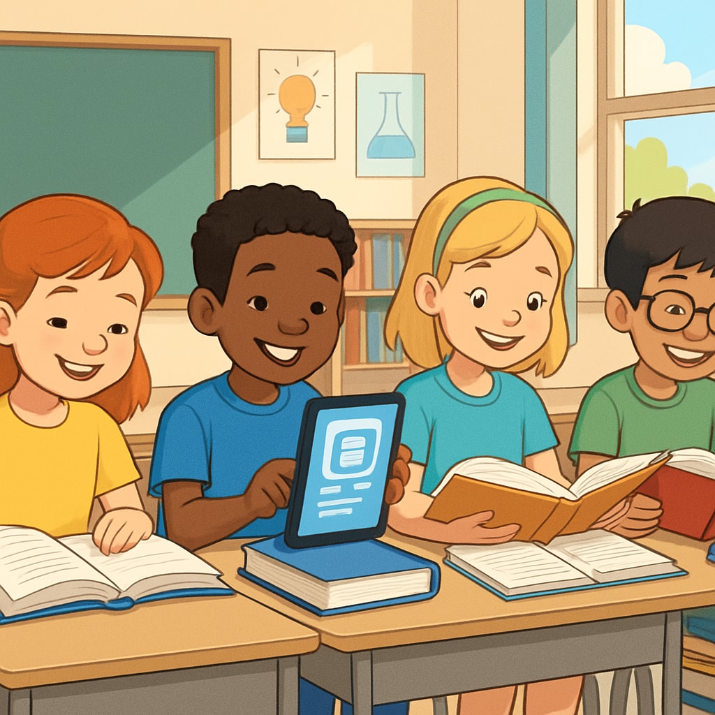 A group of children reading books in a brightly lit classroom, representing the joy of learning through innovative tools like reading apps. Children reading books in a classroom, emphasizing engagement with reading apps.
