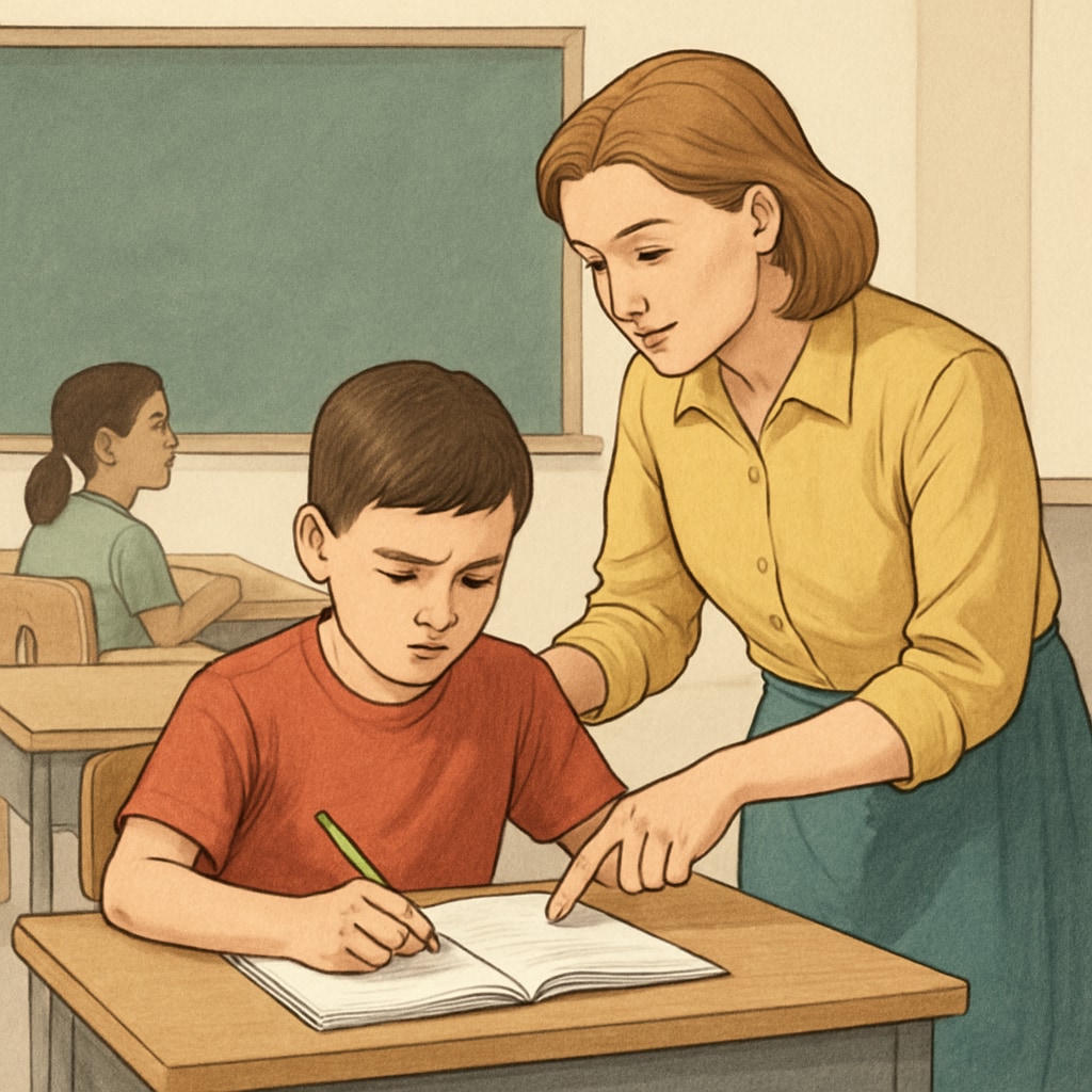 A classroom setting depicting a teacher guiding a student with care and discipline A teacher demonstrating the balance between strict methods and nurturing care