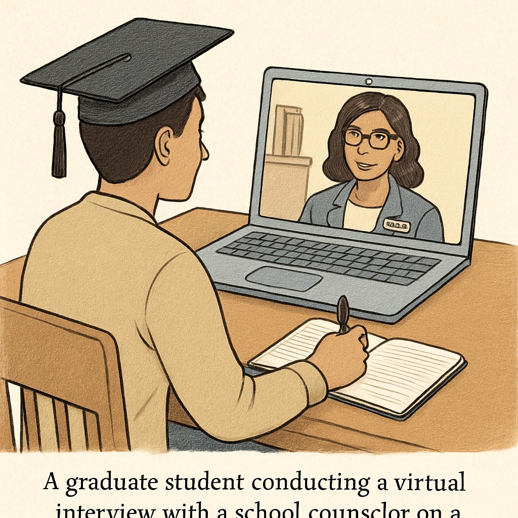 A graduate student conducting a virtual interview with a school counselor, with a notebook and laptop on the table. Graduate student interviewing a school counselor for a research assignment.