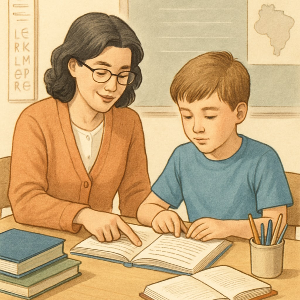 A teacher guiding a student through a reading exercise, symbolizing the collaboration between educators and technology in developing reading apps. Teacher helping a student with reading, showcasing the role of educators in shaping reading tools.