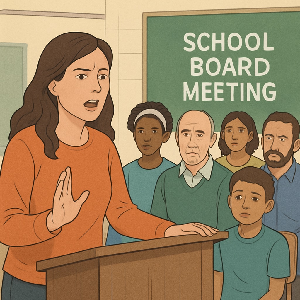 A concerned parent speaking at a school board meeting, symbolizing community action for child safety. A parent discussing child protection measures at a school board meeting.