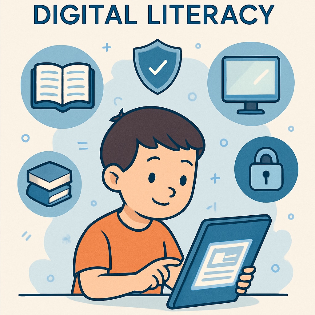A visual representation of a child interacting with a safe and regulated internet platform, symbolizing digital literacy education. Child engaging with a secure internet platform, highlighting digital literacy and safety.