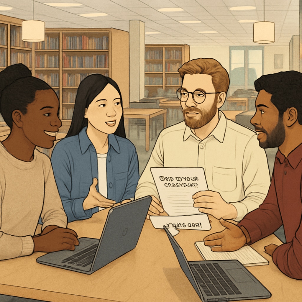A diverse group of international students discussing graduate school applications, seated in a modern university library. International students discussing US master’s applications in a university library.