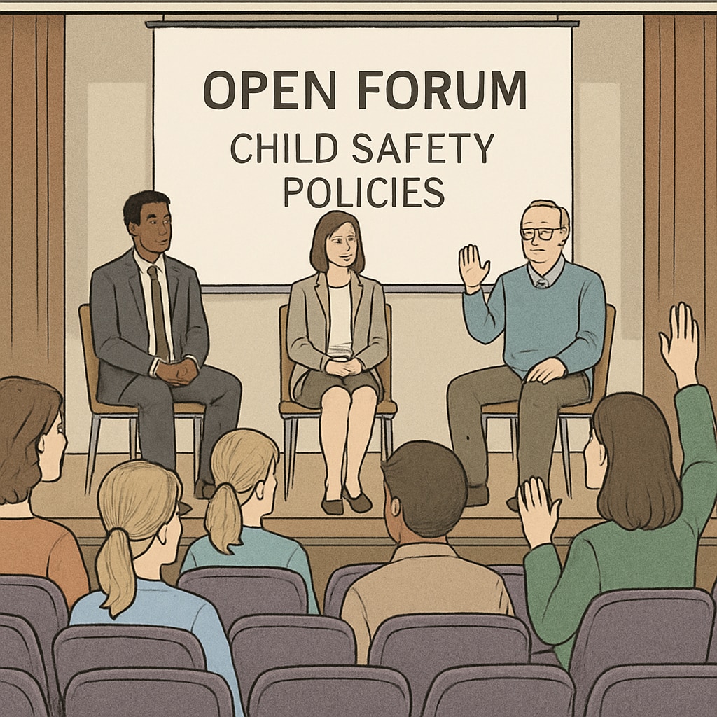 A school auditorium filled with parents and educators discussing child safety policies in an open forum. Parents and educators in a school auditorium discussing child safety policies.