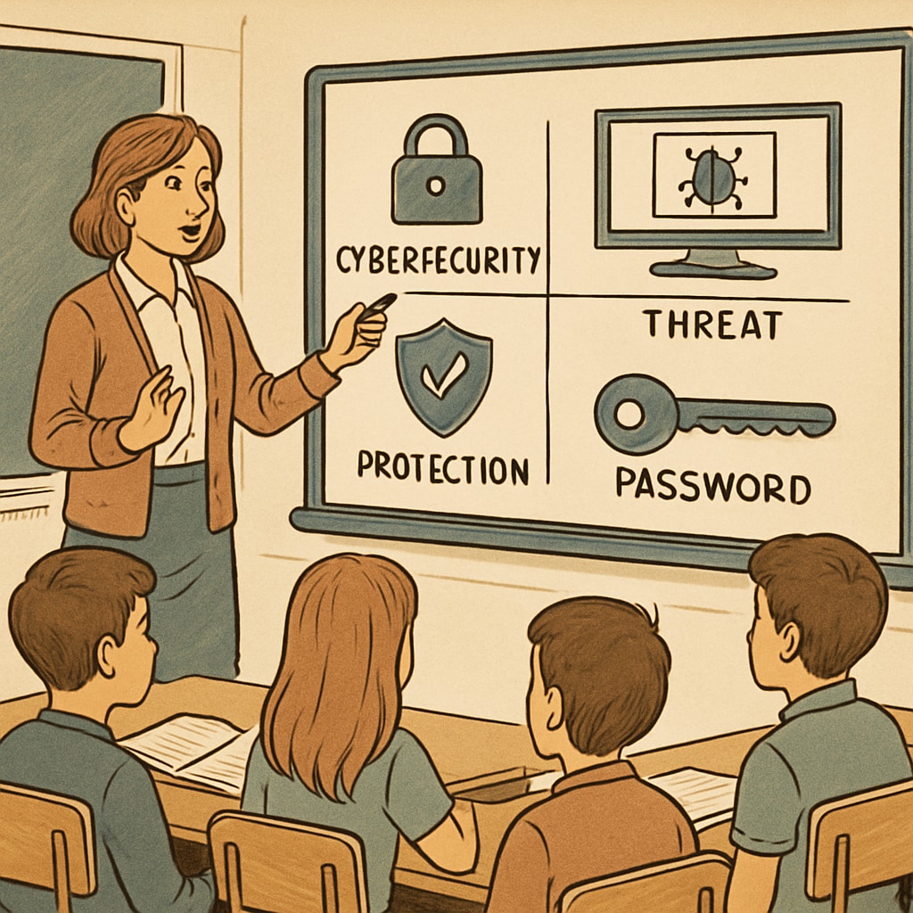 A classroom setting where a teacher demonstrates cybersecurity concepts to students using an interactive screen. Teacher explaining cybersecurity concepts to a class, showcasing K12 digital literacy education.