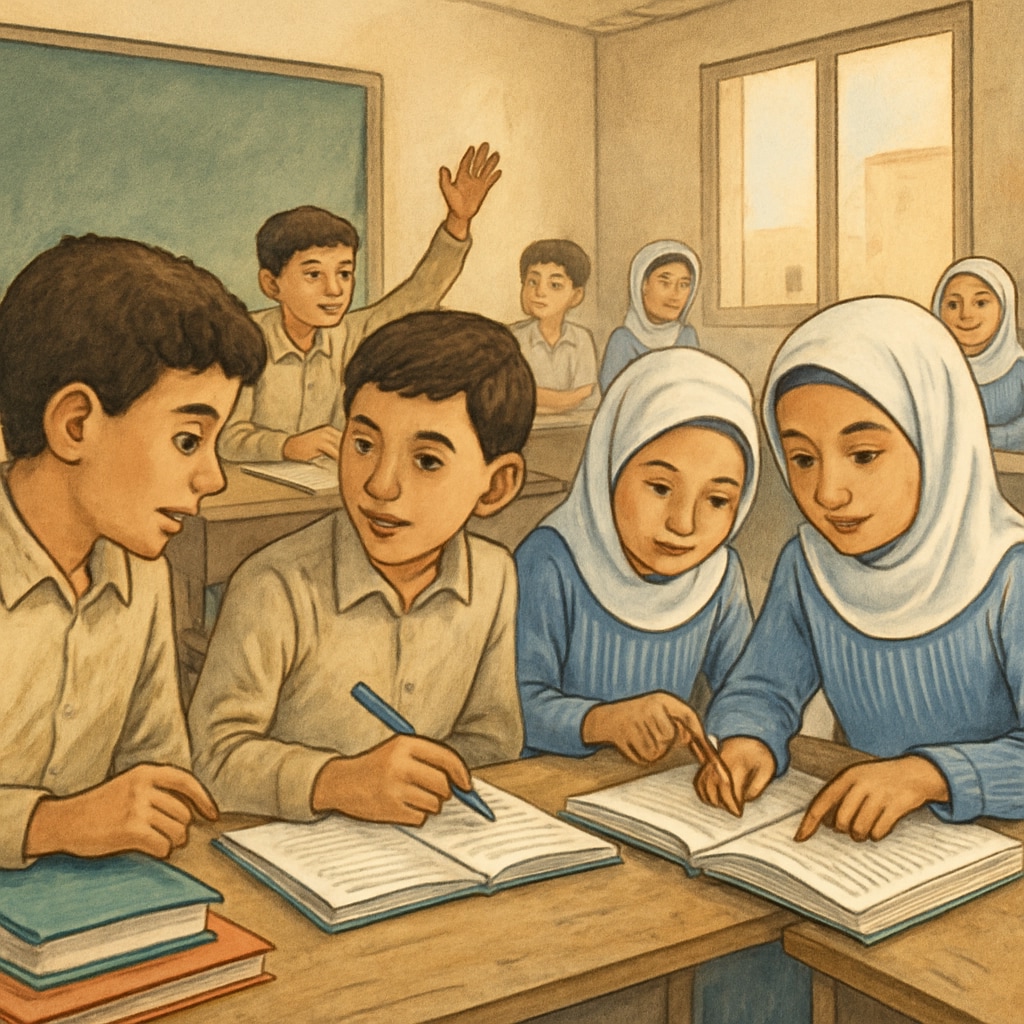A classroom in Gaza showing students engaged in group learning, symbolizing hope and resilience. Gaza students engaging in a science education activity in their classroom.