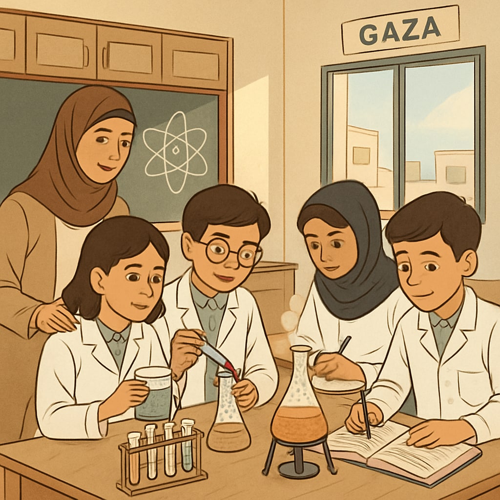 Gaza students performing science experiments under the new curriculum.