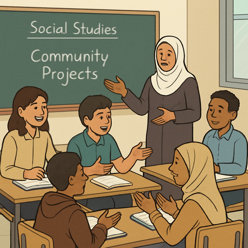 Students in a social studies class in Gaza participating in a discussion about community projects. Gaza students discussing community-focused social studies topics in class.