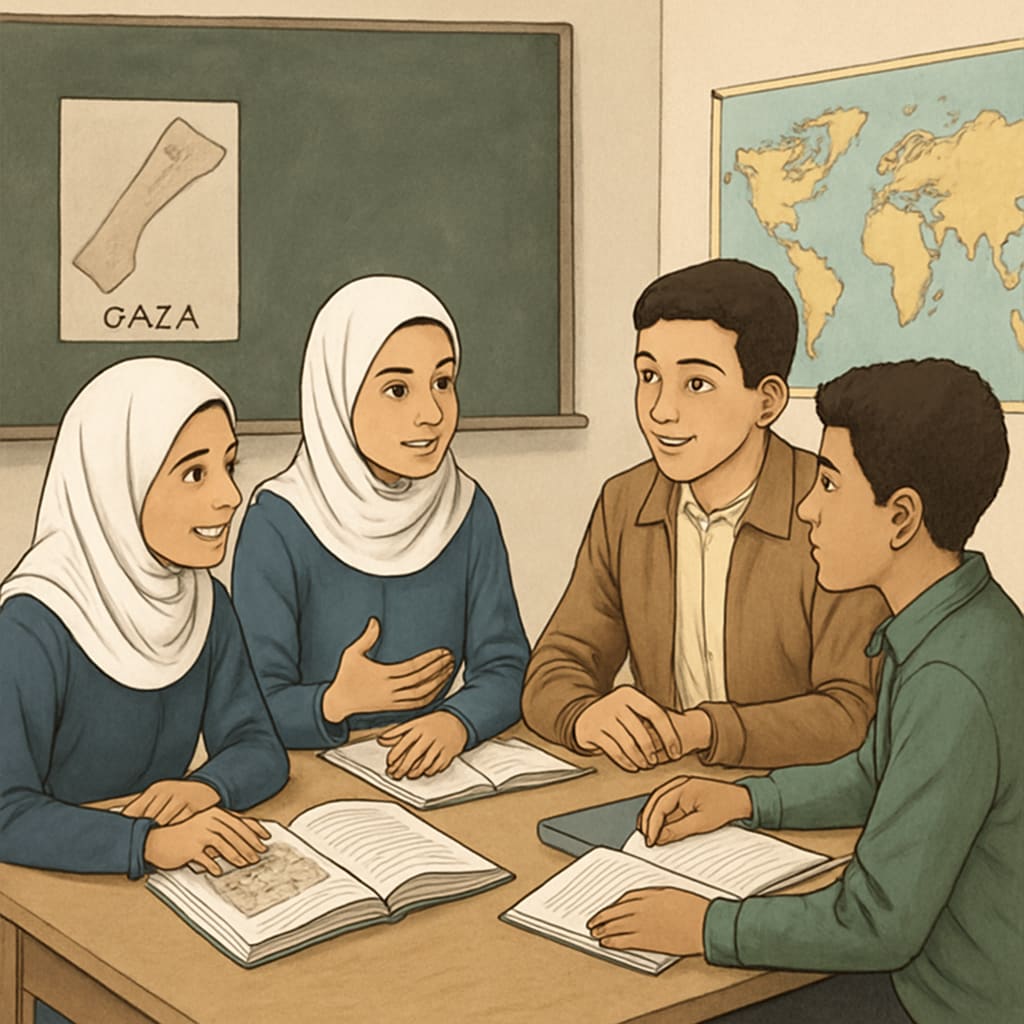 Gaza students in a social studies workshop focusing on history and global perspectives.