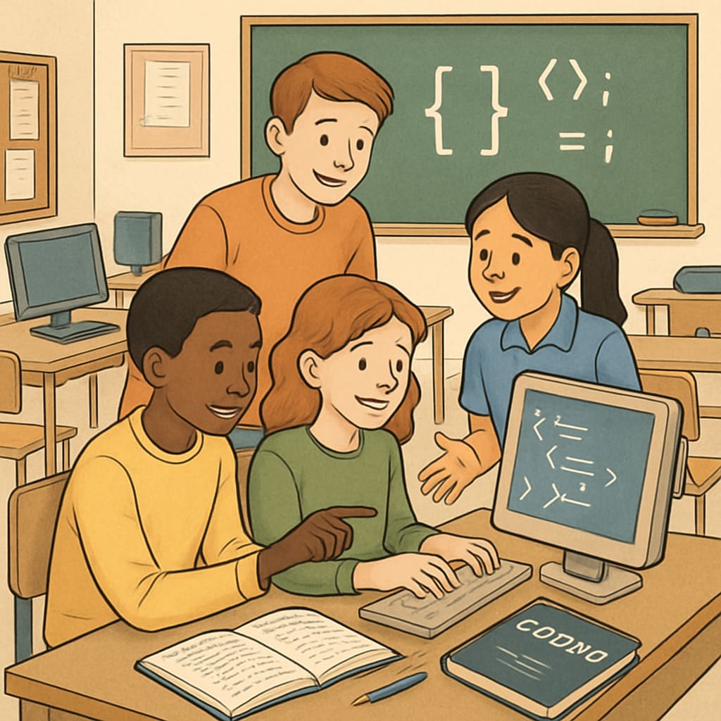 A classroom where students are working collaboratively on a coding project, illustrating the intersection of technology education and teamwork. Students collaborating on a coding project in a Career and Technical Education program.