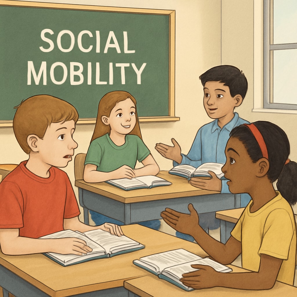 A classroom with children reading textbooks, discussing concepts related to social mobility Students in a classroom reading and discussing social mobility concepts from their textbooks
