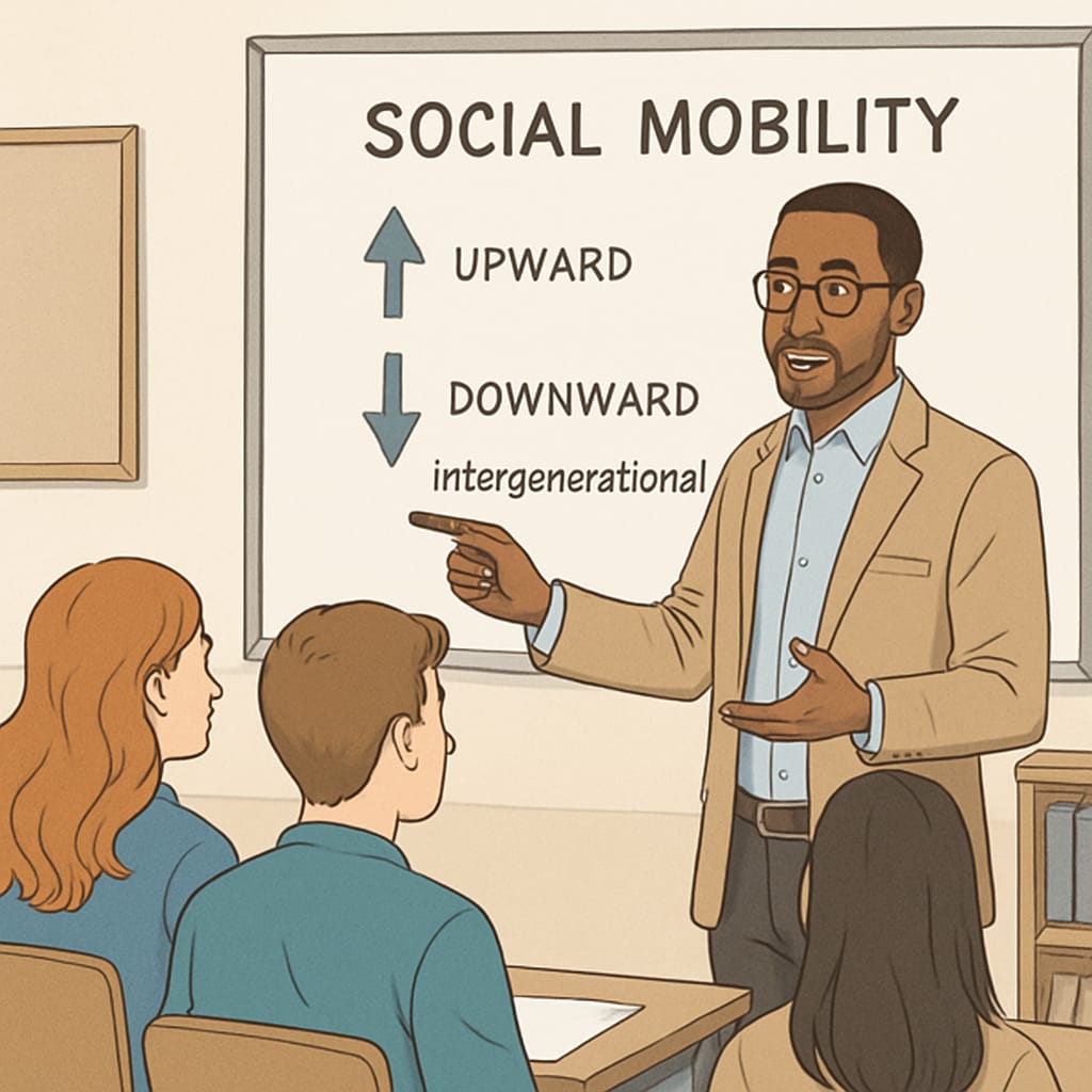 A teacher explaining social mobility concepts on a whiteboard, engaging with students in discussion A teacher explaining social mobility using a whiteboard, fostering discussion among students