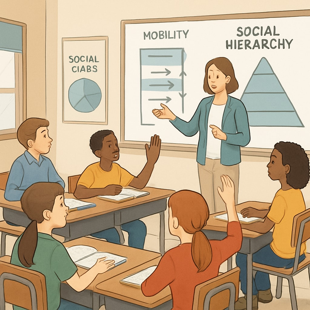 Students in a classroom discussing societal hierarchies and mobility through interactive activities.