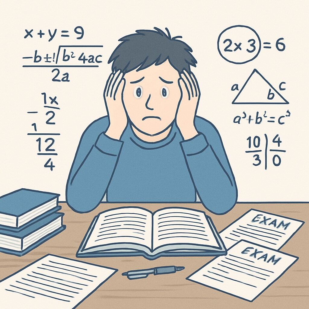 A student sitting at a desk, looking anxious while surrounded by math problems and exam papers. A worried student tackling math exam-related stress with papers and equations on the desk.