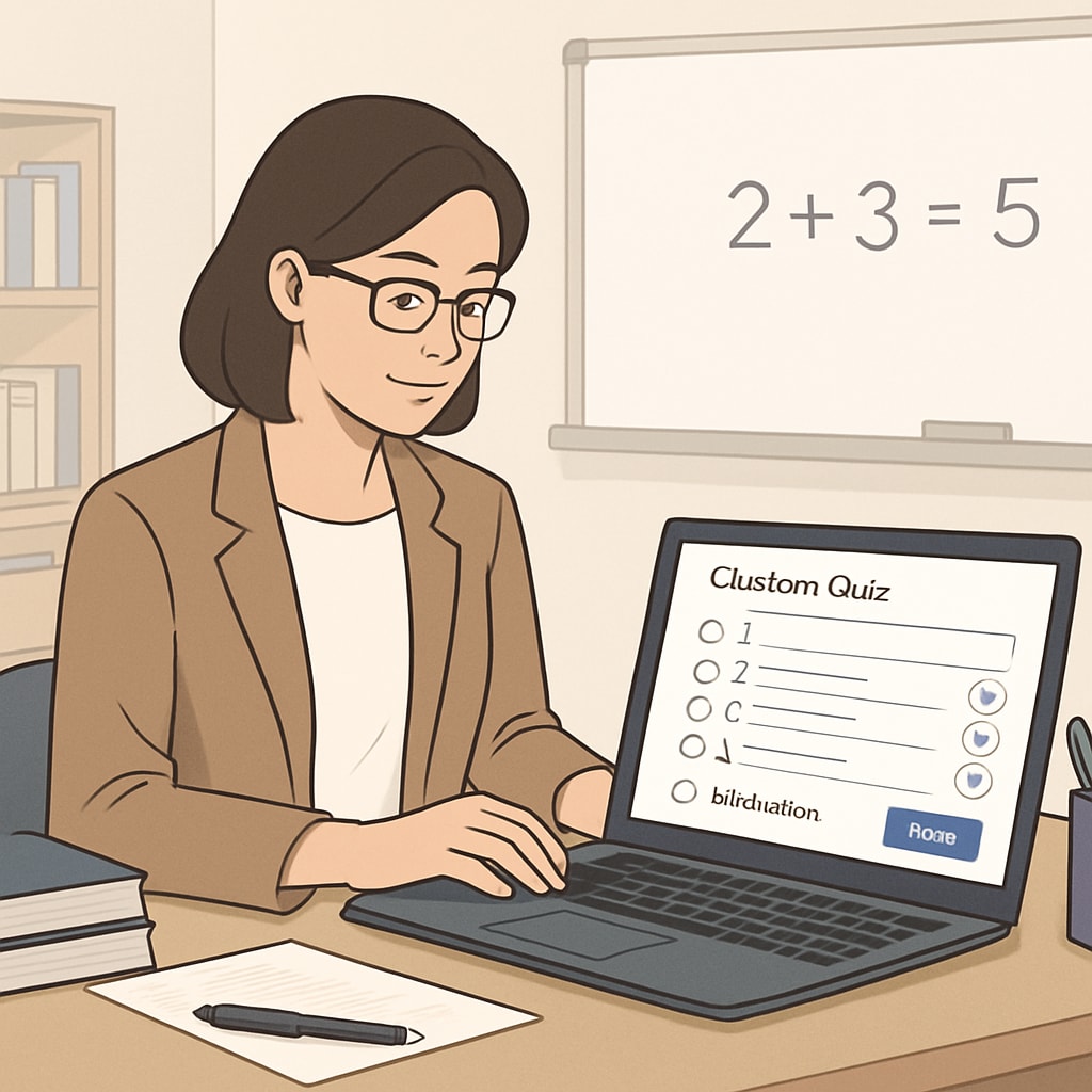 A close-up of a teacher creating a custom quiz on a laptop, emphasizing the customization and digital integration of quiz tools. Teacher designing a quiz on a laptop for personalized student learning.