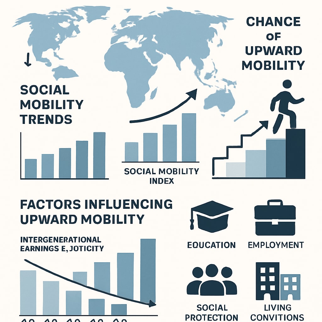 Infographic displaying global social mobility trends and factors influencing upward mobility. Social mobility infographic highlighting key trends