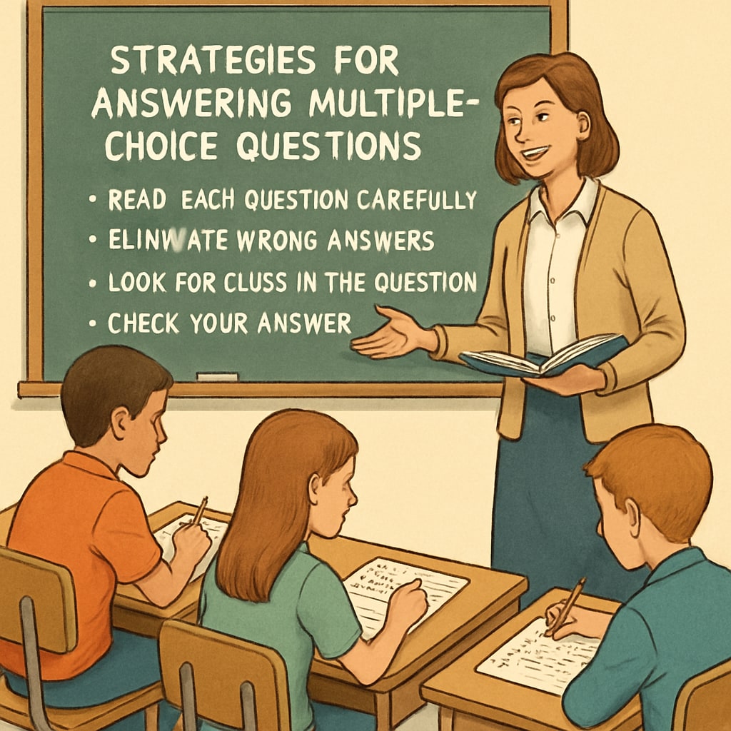 A classroom setting where a teacher is helping students with exam preparation, emphasizing multiple-choice strategies. A teacher guiding students on solving multiple-choice questions effectively in a math exam.