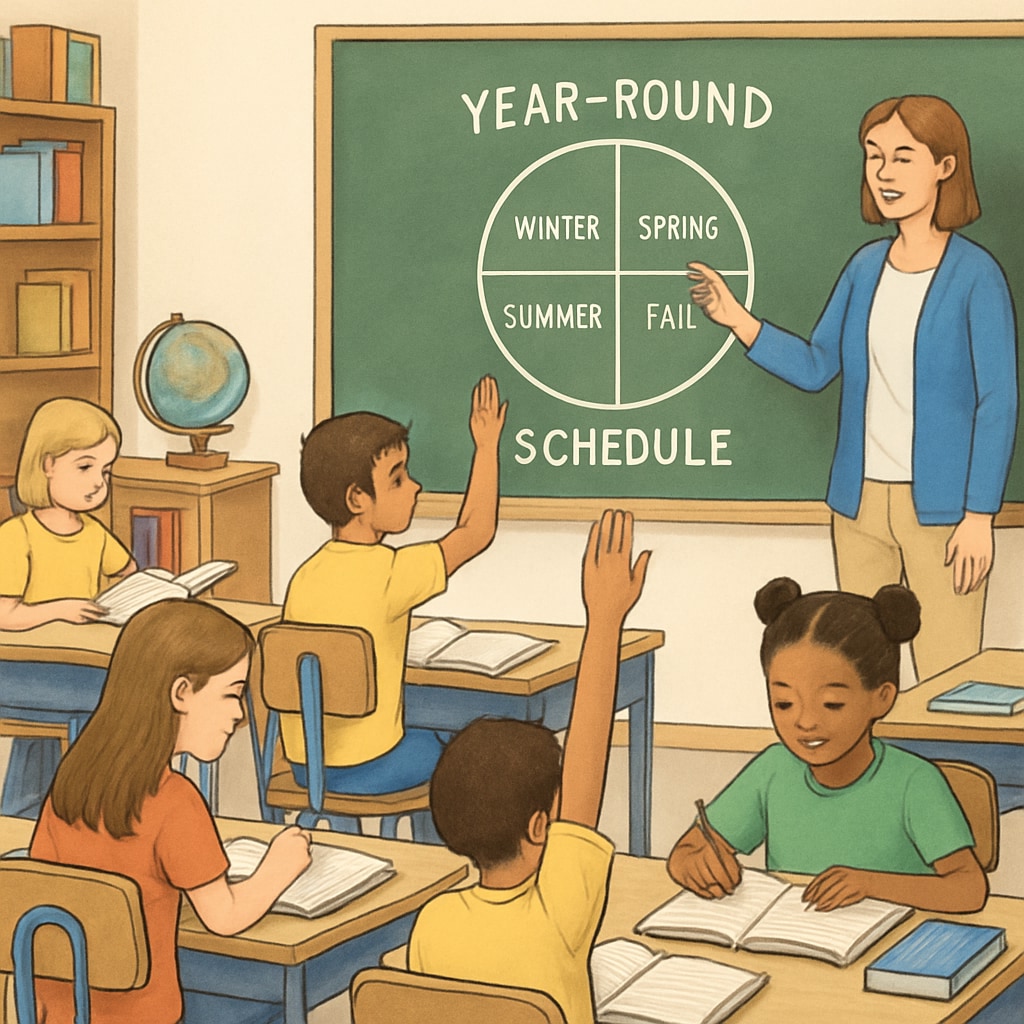A classroom with students actively engaged in learning during a year-round schedule, emphasizing educational continuity. Students actively learning in a year-round classroom, showcasing education continuity.