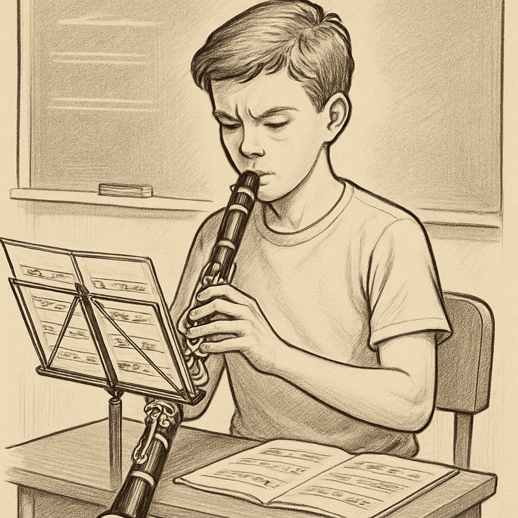 A young musician practicing with intense focus, illustrating the pressure of elite training. Young musician under pressure illustrating extreme education methods.