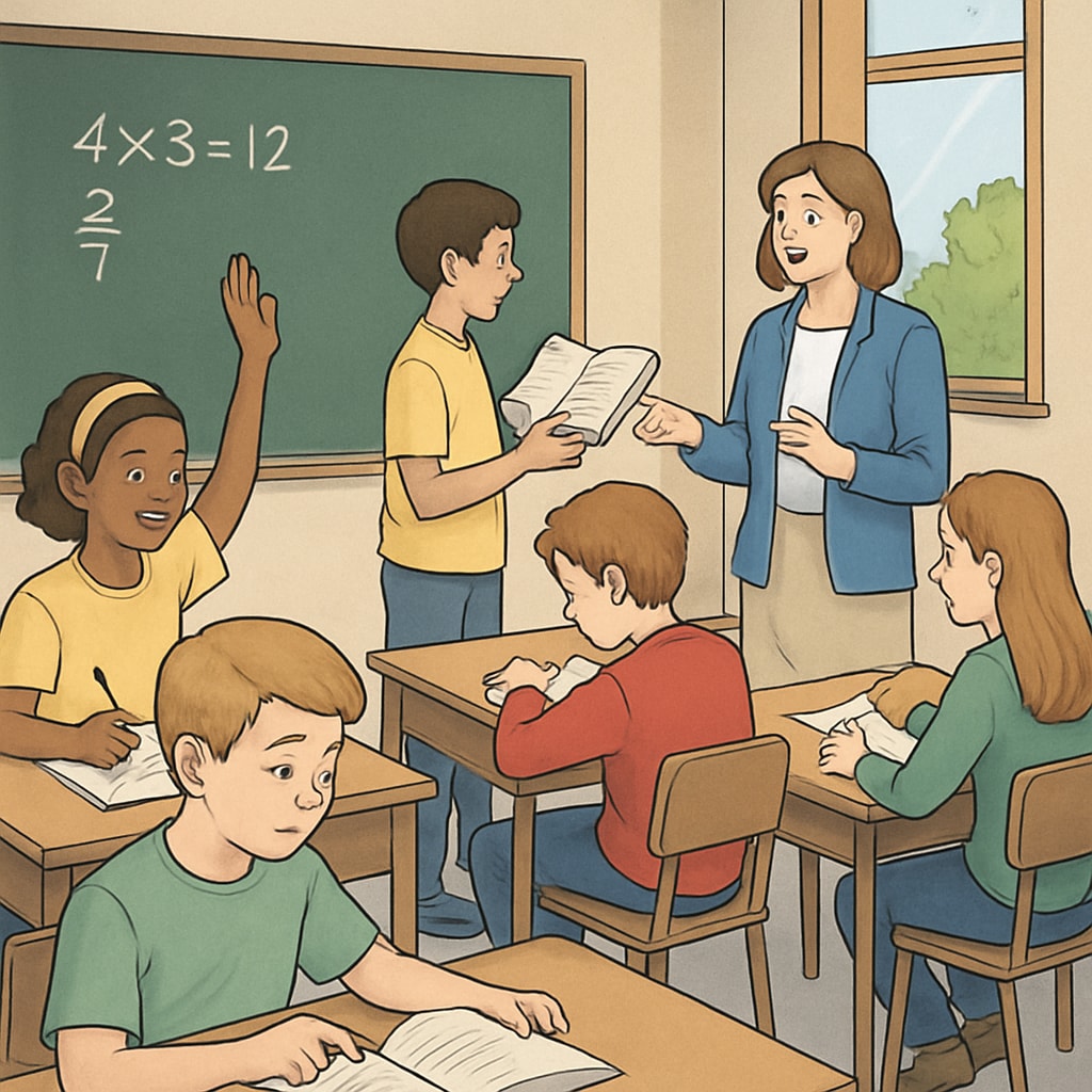 A classroom scene showing students engaged in learning during a year-round school session, emphasizing academic continuity and interaction. Students learning in a year-round school setting, promoting knowledge retention and consistent education.